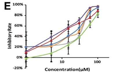 Inhibitory Rate v/s concentration (µm) Figure 1e The inhibitory rate as a function of the concentration of the 13 amino acid-based flavone phosphoramidates with six different curves shown in different colors obtained in investigating pharmacodynamics