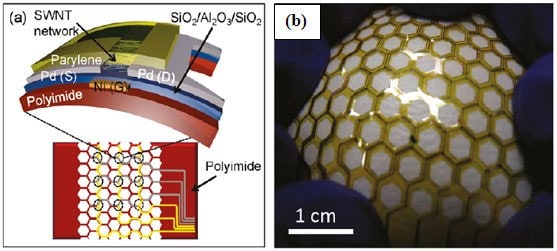 Schematic and (b) Photograph of stretchable pressure sensor using IsoNanotubes-S TM for the backplane TFT. 14 (Figure was adapted from reference  14)