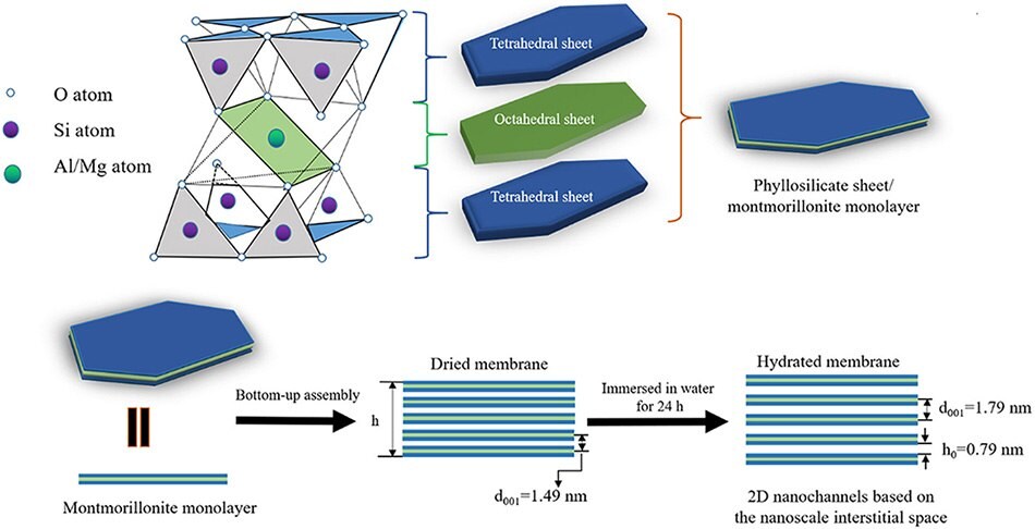 Fabrication of reconstructed MMT membrane Structure diagram of MMT crystal and schematic illustration of the construction of the 2D nanochannel arrays based on the lamellar MMT membrane