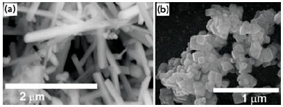 SEM images of BaTiO3 nanorods and SrTiO3 nanocubes.