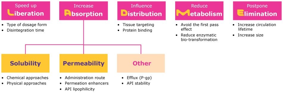 Overview of different approaches used to improve API bioavailability including those for solubility and permeability enhancement.