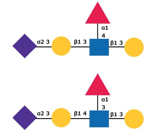Dva diagramy, každý s posloupností tvarů spojených čarami. Oba diagramy obsahují fialový kosočtverec, žluté kolečko, modrý čtverec a žluté kolečko uspořádané vodorovně, přičemž nad modrým čtvercem je umístěn červený trojúhelník. V prvním diagramu jsou spojení mezi tvary označena čísly a řeckými písmeny: α2 a β1 mezi tvary a a1 nad červeným trojúhelníkem. Čísla vedle žlutých koleček jsou 3 a 3 a číslo nad trojúhelníkem je 4. Ve druhém diagramu je posloupnost podobná, ale číslo vedle levého žlutého kolečka je 4 a číslo nad trojúhelníkem je 3. Ve druhém diagramu je číslo vedle žlutého kolečka 3 a číslo nad trojúhelníkem je 3.