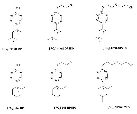 Molecular structures of 13C-labeled octyl- and nonylphenol and associated ethoxylates Molecular structures of 13C-labeled octyl- and nonylphenol