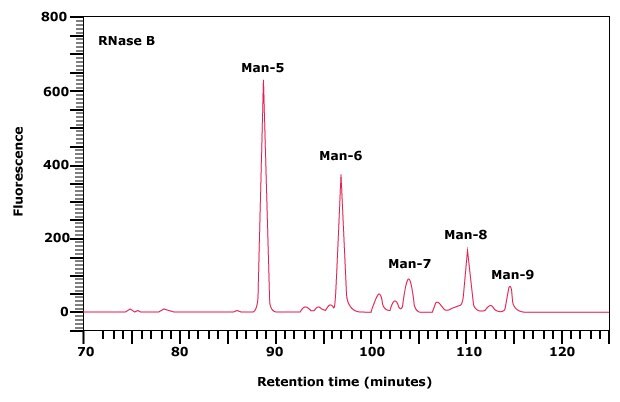 Normal phase HPLC profile of the 2‑AB labeled N-linked glycan library obtained from RNase B. Normal phase HPLC profile of the 2‑AB labeled N-linked glycan library obtained from RNase B