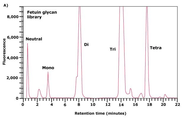 Separation of neutral and acidic glycans of fetuin by weak anion-exchange chromatography. The separation of the glycan pool into neutral, mono-, di-, triand tetrasialylated glycans. Separation of neutral and acidic glycans of fetuin by weak anion-exchange chromatography