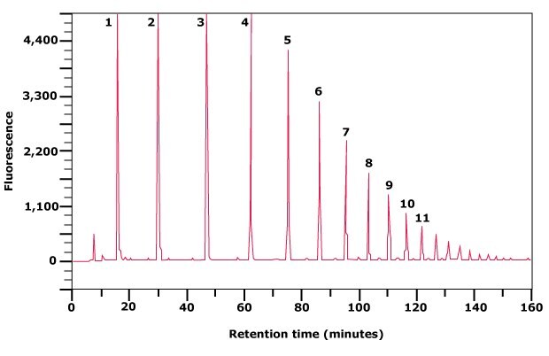 Separation of partially hydrolyzed 2‑AB labeled Dextran Ladder by normal phase HPLC. The numbers indicate glucose units (gu). Separation of partially hydrolyzed 2‑AB labeled Dextran Ladder by normal phase HPLC