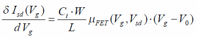 Field-effect mobilities were calculated from transfer characteristics (saturation regime) employing the relation: Equation