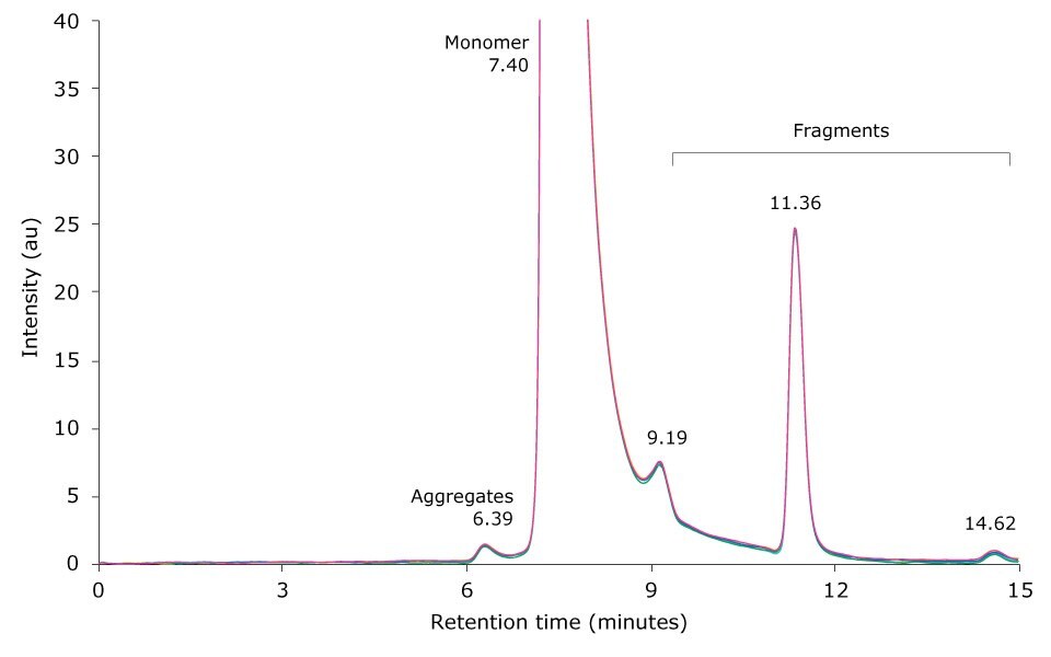 Overlay of SEC-UV traces of six consecutive runs of an unstressed mAb sample zoom-in.