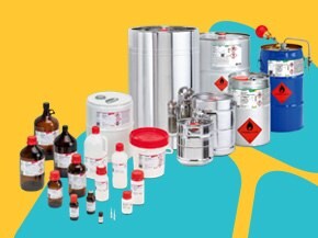 a variety of chemical containers and drums arranged against a bright yellow background. The collection includes large metal drums, smaller glass and plastic bottles, and various labeled containers, some of which display hazard symbols. The assortment showcases a range of products typically used in laboratory and industrial settings, emphasizing bulk and custom services.