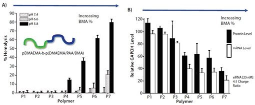 <b>A</b>)pH依存、膜不安定化溶血アッセイにおける一連のジブロックキャリア(pDMAEMA-<i>b</i>-(DMAEMA/PAA/BMA))の構造–活性。P1(0% BMA)、P2(1% BMA)、P3(12% BMA)、P4(19% BMA)、P5(24% BMA)、P6(27% BMA)、P7(48% BMA)。<b>B</b>)siRNA送達およびGAPDHノックダウンアッセイ(HeLa細胞)における一連のキャリアの構造-活性。 RAFT重合による精密な組成の共重合体作製により、ポリマー構造と活性の相関関係を評価可能です