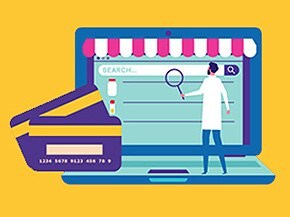a laptop with a bright yellow background, featuring a digital storefront on the screen. A character in a lab coat stands next to the search bar, holding a magnifying glass as if searching for products. In the foreground, a credit card is partially visible, suggesting an online shopping theme.