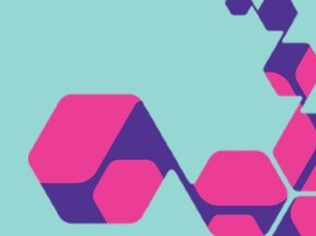 an abstract design composed of interconnected hexagonal shapes in vibrant shades of pink and purple, set against a light blue background. The geometric patterns create a visually striking composition, emphasizing modernity and innovation.
