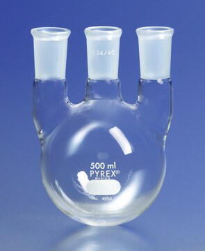 Pyrex&#174; round-bottom vertical three neck distilling flask, with 24/40 joints capacity 2,000&#160;mL