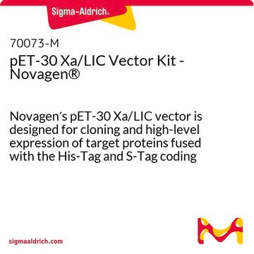 pET-30 Xa/LIC Vector Kit - Novagen&#174; Novagen&#8242;s pET-30 Xa/LIC vector is designed for cloning and high-level expression of target proteins fused with the His-Tag and S-Tag coding sequences that are cleavable with Factor Xa protease.