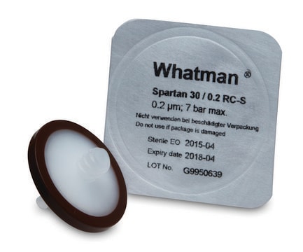 Whatman&#174; Spartan&#174; HPLC certified syringe filters Spartan 30 mm syringe filter, regenerated cellulose, 0.2 &#956;m, 100/pk