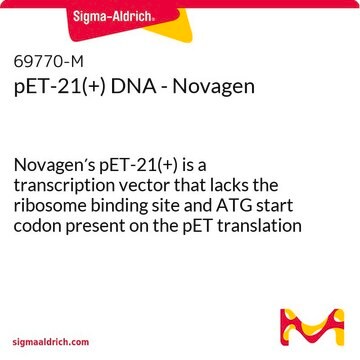 pET-21(+) DNA - Novagen Novagen&#8242;s pET-21(+) is a transcription vector that lacks the ribosome binding site and ATG start codon present on the pET translation vectors.