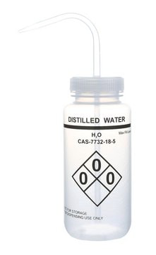 Wide mouth safety labelled wash bottle capacity 500&#160;mL, label, Distilled water, self venting, PE-LD