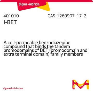 I-BET A cell-permeable benzodiazepine compound that binds the tandem bromodomains of BET (bromodomain and extra terminal domain) family members BRD2 (1-473), BRD3 (1-434), and BRD4 (1-477) with high affinity.