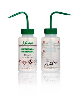 Azlon&nbsp;Multi-Lingual Safety Wash Bottles With Driplok Vapor Venting label, Methanol (English, French, Arabic, Wide Neck), capacity 500&#160;mL