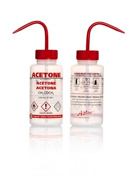 Azlon&nbsp;Multi-Lingual Safety Wash Bottles With Driplok Vapor Venting label, Acetone (in English, French, Spanish, OSHA), capacity 500&#160;mL