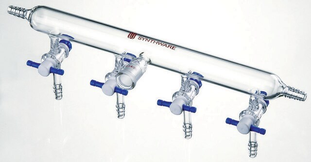 Synthware&#8482; nitrogen/argon line manifold with PTFE stopcocks port size 4, Hose Connections: left-right, stopcock size 4&#160;mm