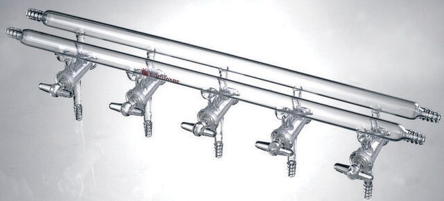 Synthware&#8482; all-glass vacuum/inert gas manifold with hollow high vacuum stopcocks number of ports, 5, Hose Connections: Front-left-right, Rear-left-right