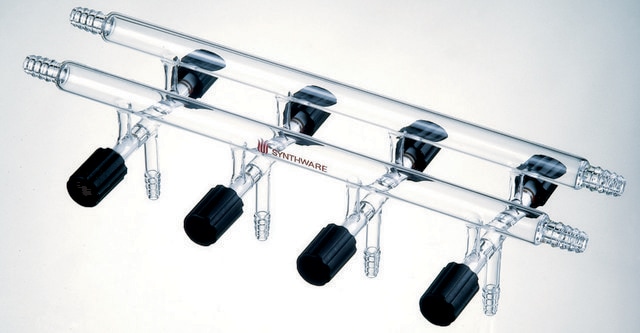 Synthware&#8482; Vacuum/Inert Gas Manifold with double bank and high vacuum valves number of ports, 4, Hose Connections: Front-left-right, Rear-left-right