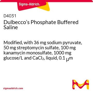 Dulbecco’s Phosphate Buffered Saline Modified, with 36&nbsp;mg sodium pyruvate, 50&nbsp;mg streptomycin sulfate, 100&nbsp;mg kanamycin monosulfate, 1000&nbsp;mg glucose/L and CaCl2, liquid, 0.1 &#956;m filtered, suitable for cell culture