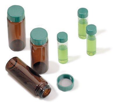 Vials, screw top with solid green Thermoset cap with PTFE liner, preassembled, pkg of 100 volume 22&#160;mL, clear glass vial, O.D. × H 23&#160;mm × 85&#160;mm, thread for 20-400