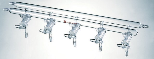 Synthware&#8482; all-glass vacuum/inert gas manifold with solid high vacuum stopcocks number of ports, 4, Hose Connections: Front-left-right, Rear-right