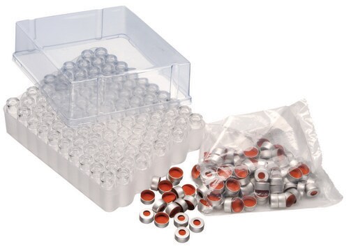 Vials, crimp top, convenience pack, 12 x 32 mm, large opening, pkg 100 clear glass vial, PTFE/silicone/PTFE septum