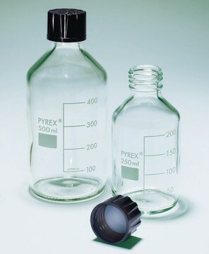 Pyrex&#174; Reagent bottles, round bottom with reusable screw caps capacity 500&#160;mL