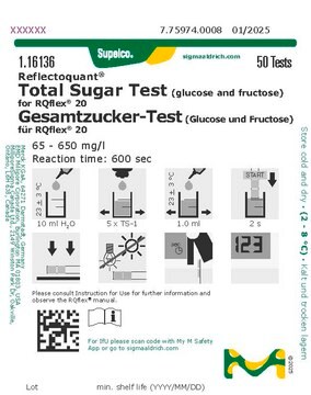 Total Sugar Test (glucose and fructose) reflectometric, 65-650&#160;mg/L (total sugar test - glucose and fructose), for use with REFLECTOQUANT&#174;