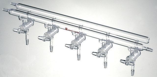 Synthware&#8482; all-glass vacuum/inert gas manifold with solid high vacuum stopcocks number of ports, 3, Hose Connections: Front-left-right, Rear-left