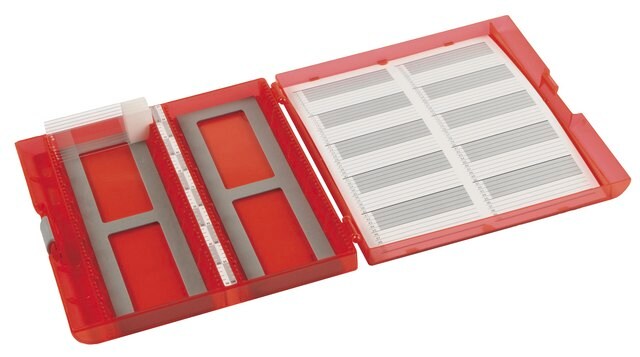 Premium Plus Slide Box to hold, 100&#160;slide(s), translucent red acrylonitrile-butadiene-styrene (ABS)