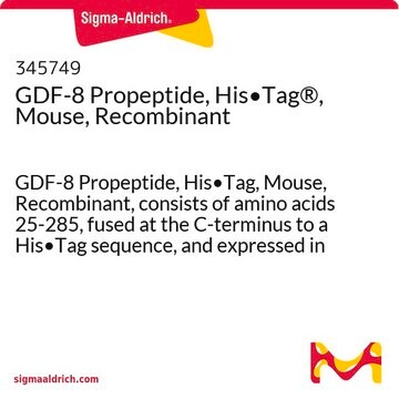 GDF-8 Propeptide, His&#8226;Tag&#174;, Mouse, Recombinant GDF-8 Propeptide, His&#8226;Tag, Mouse, Recombinant, consists of amino acids 25-285, fused at the C-terminus to a His&#8226;Tag sequence, and expressed in NS0-derived mouse myeloma cells.