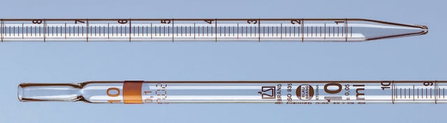 BRAND&#174; BLAUBRAND&#174; ETERNA graduated pipette, calibrated to deliver type 3 (zero on top), capacity 1&#160;mL , with 0.01 subdivisions, suitable for cotton plugs