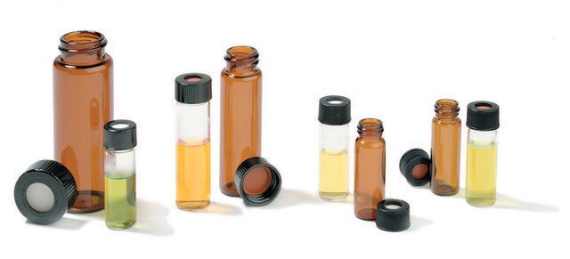 Vials, screw top with phenolic open-top cap, pre-assembled volume 40&#160;mL, amber glass vial, O.D. × H 29&#160;mm × 82&#160;mm, tan PTFE/silicone septum