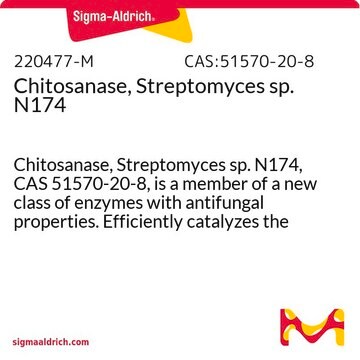 Chitosanase, Streptomyces sp. N174 Chitosanase, Streptomyces sp. N174, CAS 51570-20-8, is a member of a new class of enzymes with antifungal properties. Efficiently catalyzes the hydrolysis of acetylated chitosan (0 to 60%).