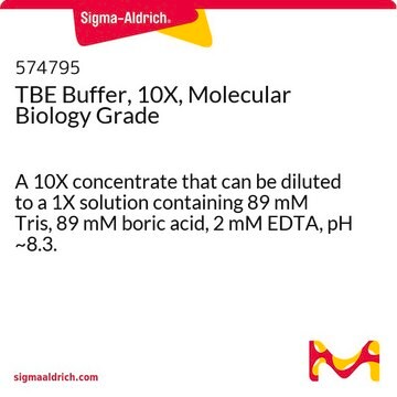 TBE Buffer, 10X, Molecular Biology Grade A 10X concentrate that can be diluted to a 1X solution containing 89 mM Tris, 89 mM boric acid, 2 mM EDTA, pH ~8.3.