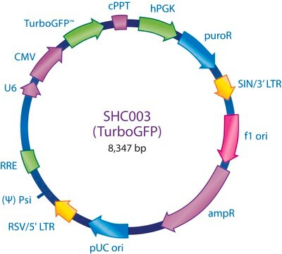 MISSION&#174; pLKO.1-puro-CMV-TurboGFP&#8482; Positive Control Transduction Particles, High Titer TurboGFP&#8482;, High Titer, Green fluorescent protein marker to monitor transduction efficiency