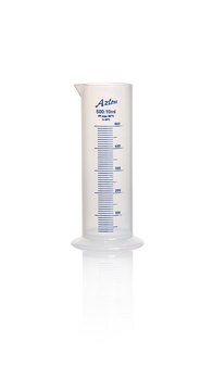 Azlon Squat Form Cylinder with Molded Graduation with blue over print polypropylene cylinder, capacity 500&#160;mL, class B