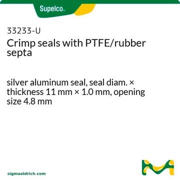 Crimp seals with PTFE/rubber septa silver aluminum seal, seal diam. × thickness 11&#160;mm × 1.0&#160;mm, opening size 4.8&#160;mm