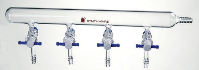 Synthware&#8482; vacuum manifold with PTFE stopcocks number of ports, 4, Hose Connection: right, stopcock size 4&#160;mm