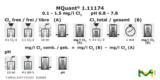 Chlorine and pH Test colorimetric, 0.1-1.5&#160;mg/L (Cl2), pH range 6.8-7.8, for use with MQUANT&#174;