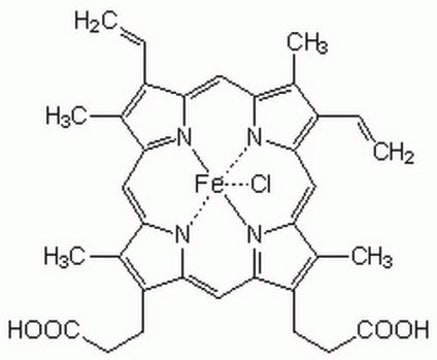 Hemin Chloride Iron-containing compound of porcine origin that can induce hydrogen peroxide-dependent lipid peroxidation. Reported to increase the number and size of myotubes and the frequency of myotube contractions.