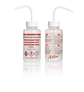 Azlon&nbsp;Multi-Lingual Unvented Wash Bottles label, Dichloromethane label (in EN, FR, DE, ES), capacity 500&#160;mL