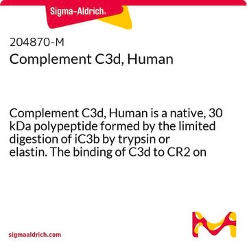 Complement C3d, Human Complement C3d, Human is a native, 30 kDa polypeptide formed by the limited digestion of iC3b by trypsin or elastin. The binding of C3d to CR2 on B lymphocytes enhances B cell activation.