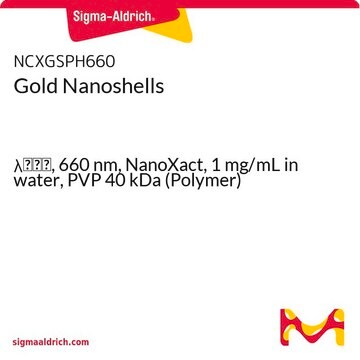 Gold Nanoshells &#955;max, 660&#160;nm, NanoXact, 1&#160;mg/mL in water, PVP 40 kDa (Polymer)