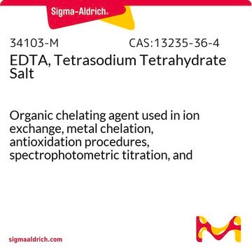 EDTA, Tetrasodium Tetrahydrate Salt Organic chelating agent used in ion exchange, metal chelation, antioxidation procedures, spectrophotometric titration, and other chemical procedures.